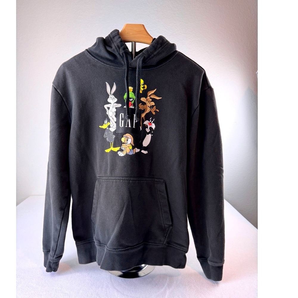 Gap Looney Tunes Hoodie Men's Small Black Bugs Bunny Daffy Graphic Y2K